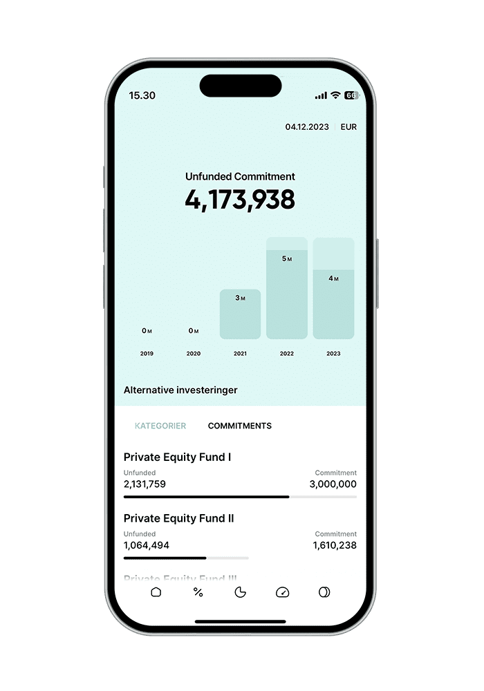 Overblik over private equity commitments via Hemontos app