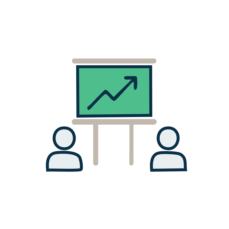 Ikonbillede af evaluering og sparring med graf, der viser vækst, og to personer.