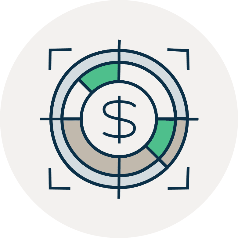 Ikon for omkostningsoverblik med dollartegn i midten af cirkeldiagram