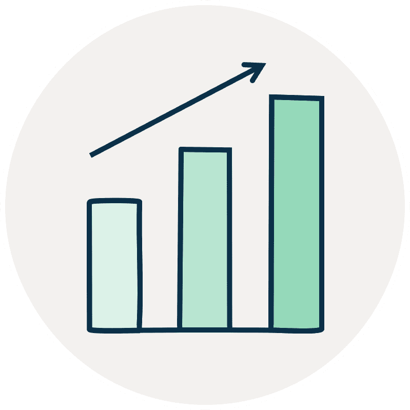 Ikon for performance rapportering med stigende søjlediagram og pil opad