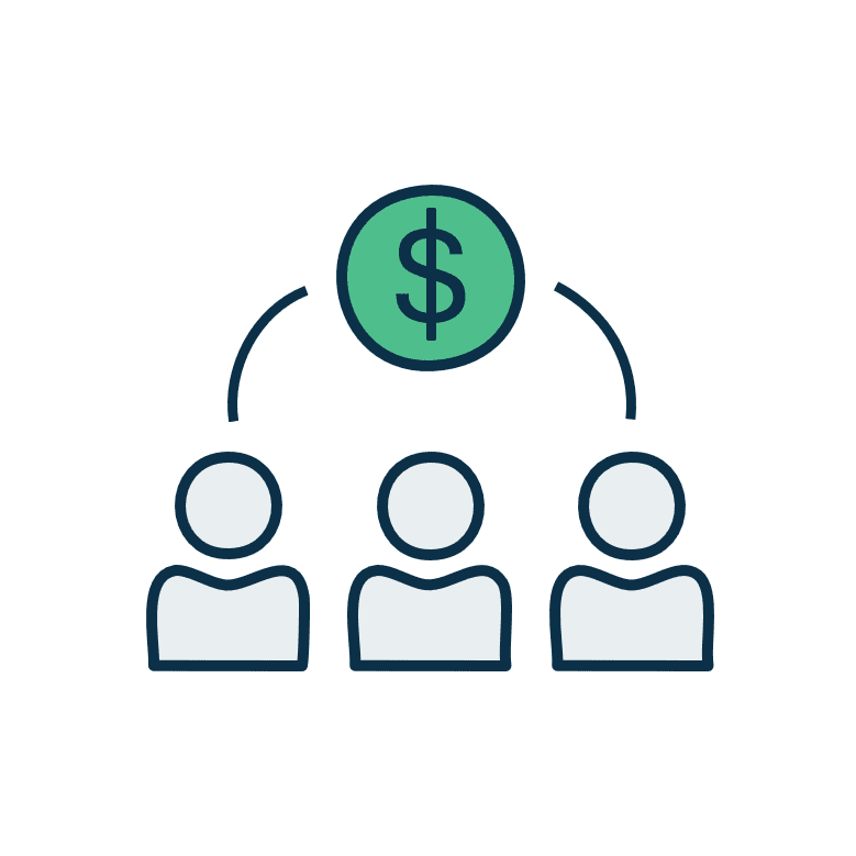 Ikon der viser udbud af kapitalforvaltning med tre personer og en mønt.