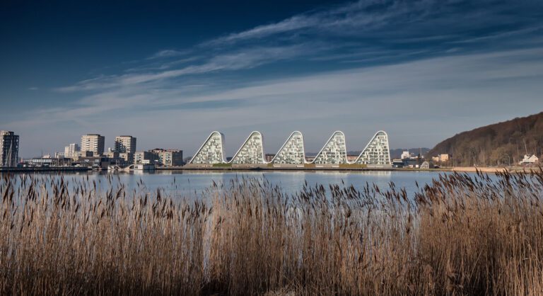 De bølgeformede boliger "The Wave" ved fjorden i Vejle – brandbillede til Hemontos artikel om boafgift på 30 % og generationsskifte